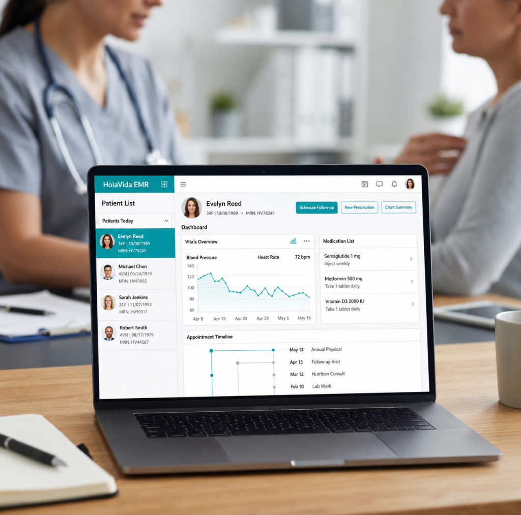 HolaVida Health EMR provider dashboard showing patient list, vitals, and care timeline