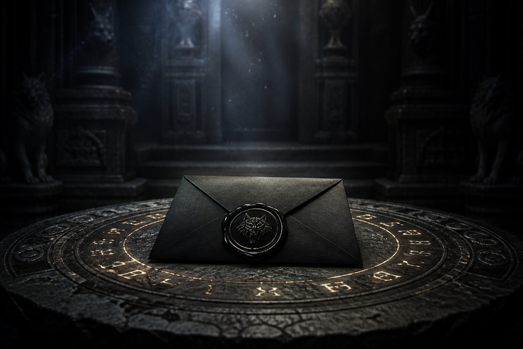 Black Fang Society envelope and invitation