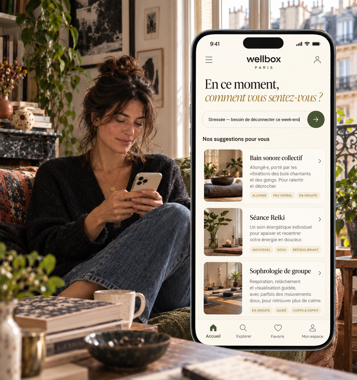 Wellbox — la femme décrit son besoin en langage naturel et reçoit des suggestions concrètes : bain sonore collectif, séance Reiki, sophrologie de groupe