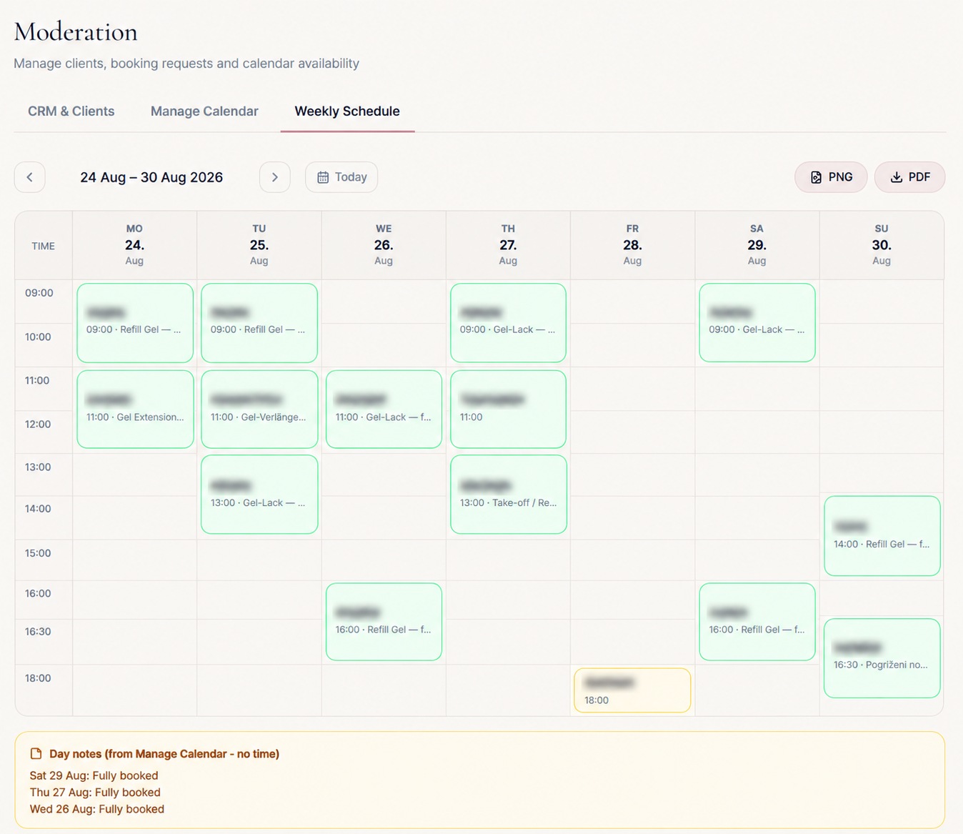 Pretty Little Nails weekly schedule showing booked appointments across the week