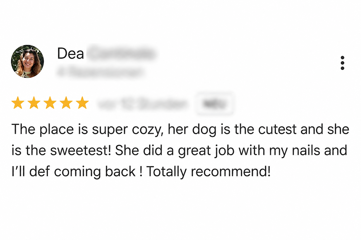 Real Google review from a Pretty Little Nails customer