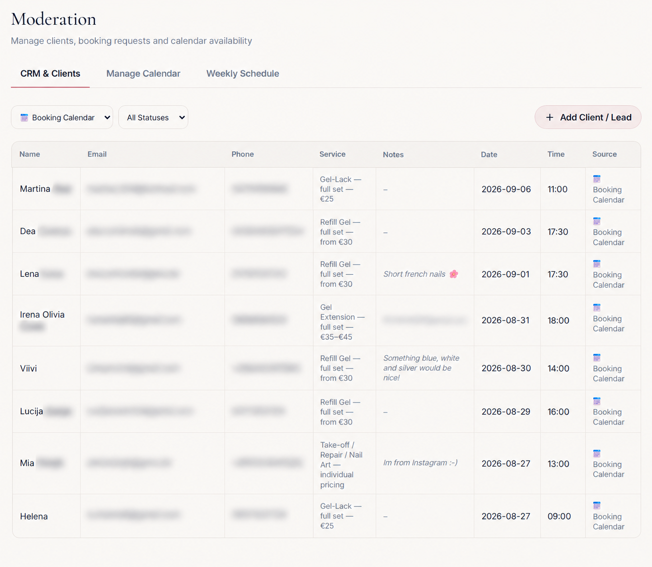 Pretty Little Nails CRM & Clients view with organized customer records