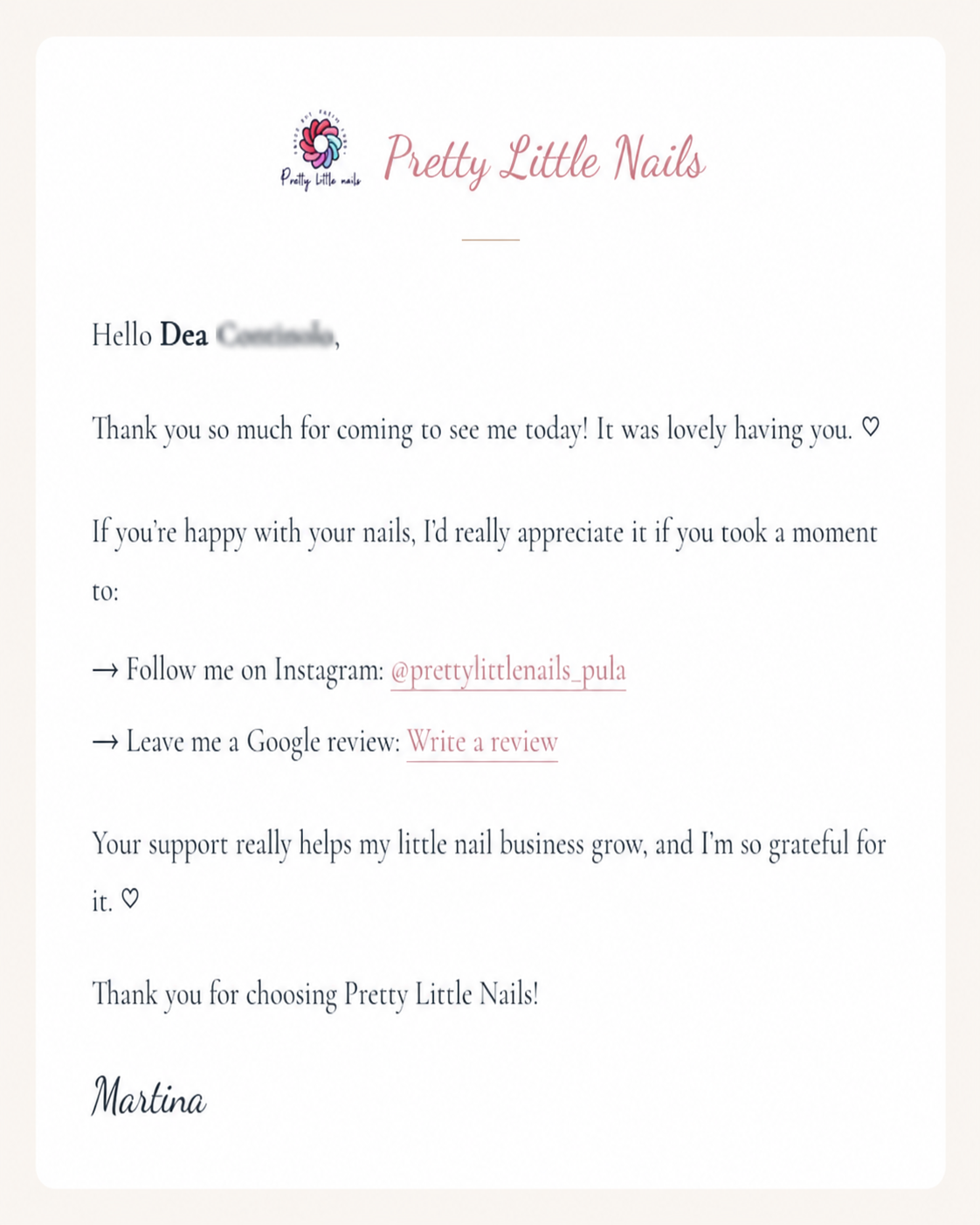 Pretty Little Nails automated post-appointment thank-you and review email