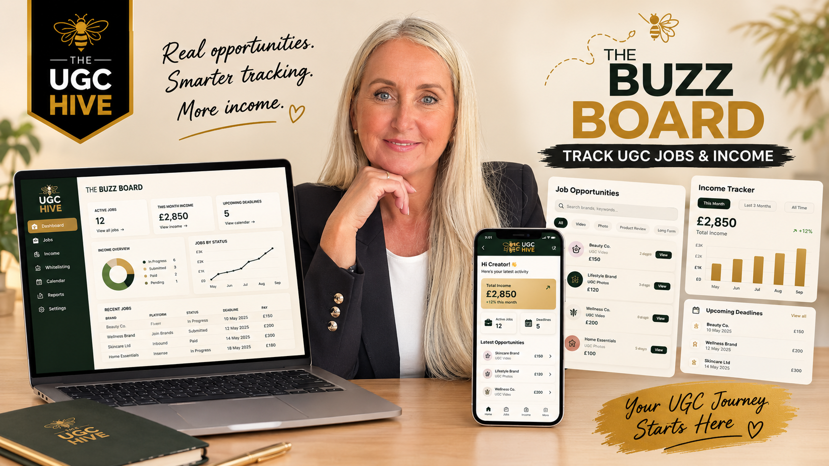 The Buzz Board — track UGC jobs and income in one calm dashboard