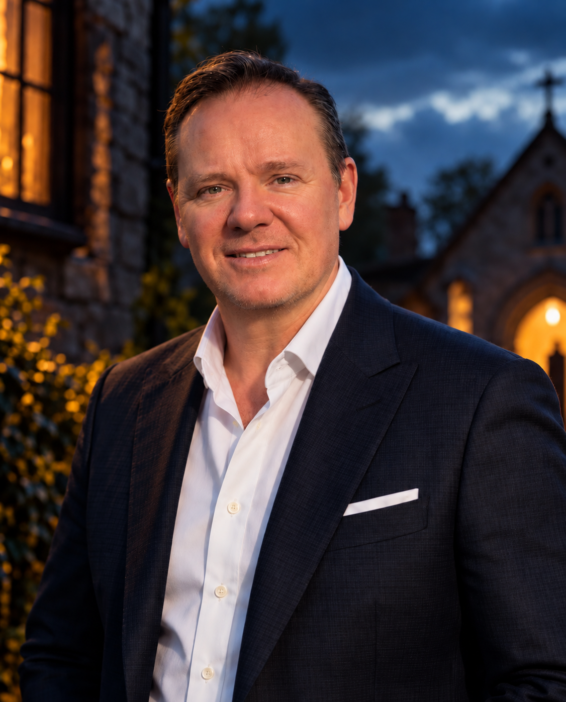 Richard Hughes, author of Secrets of St Mary's, photographed outside a church at dusk.