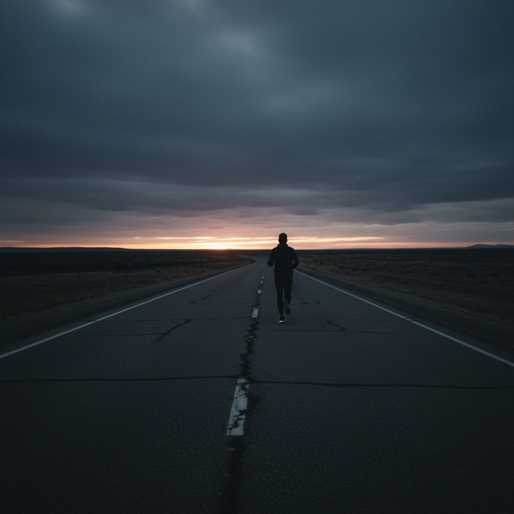 Runner seen from behind on an empty road