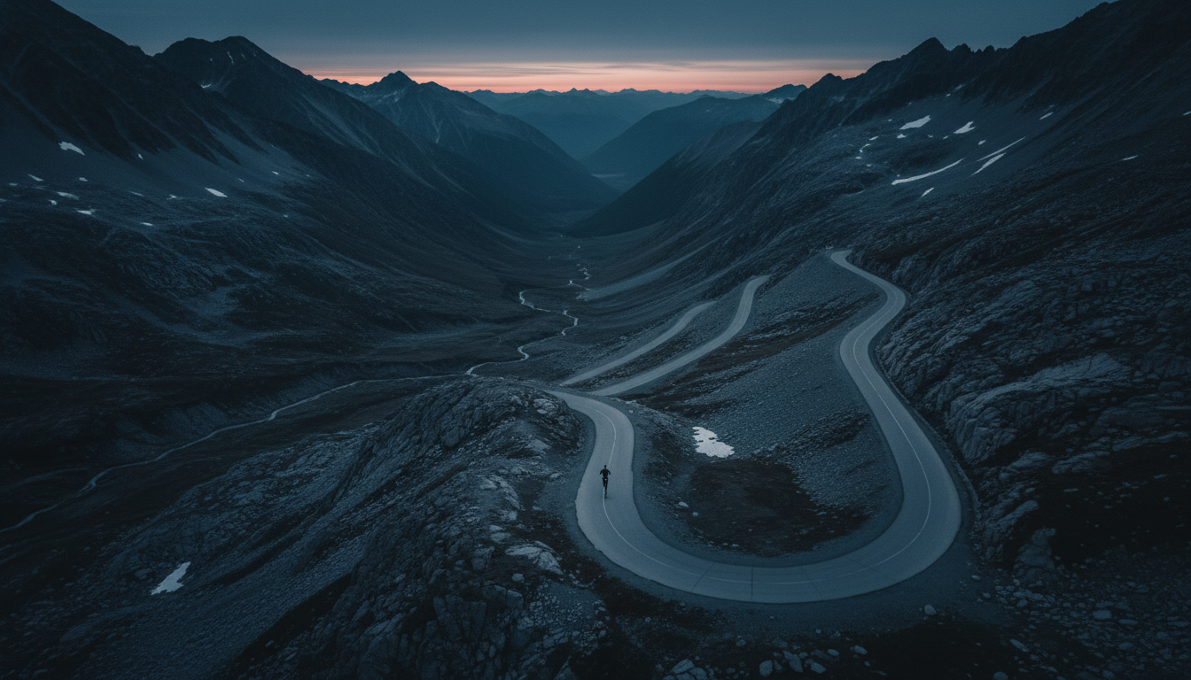Runner on a winding mountain road at dusk