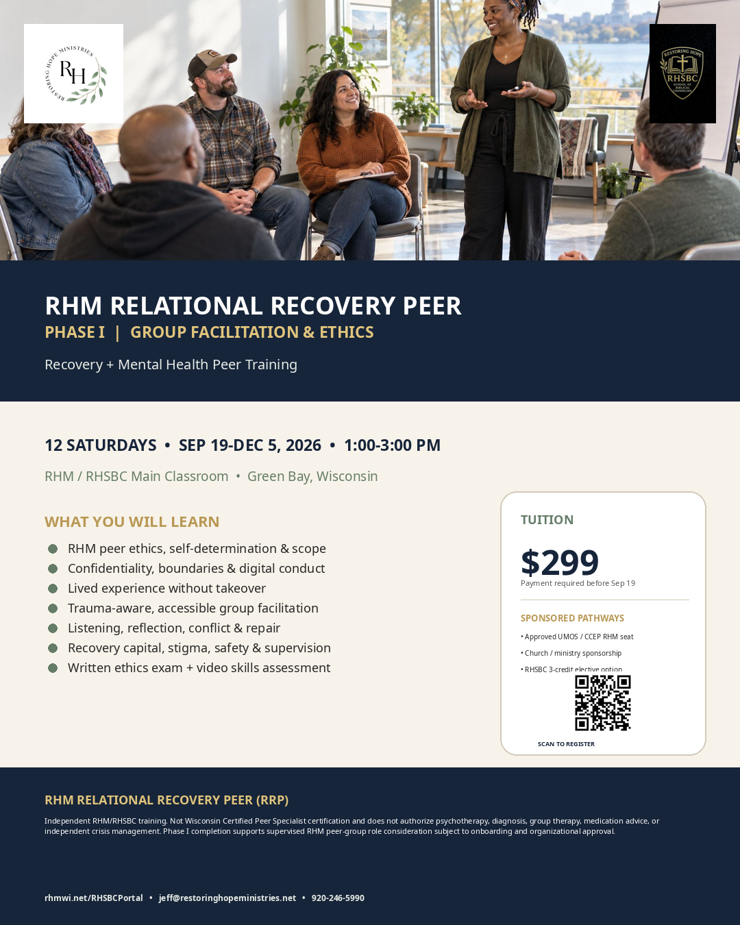 RRP 210 Phase I flyer: Group Facilitation & Ethics, 12 Saturdays, Sep 19–Dec 5, 2026, $299 tuition