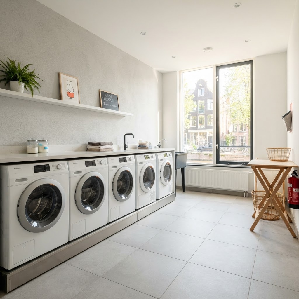 Professionele wasruimte met moderne wasmachines en drogers