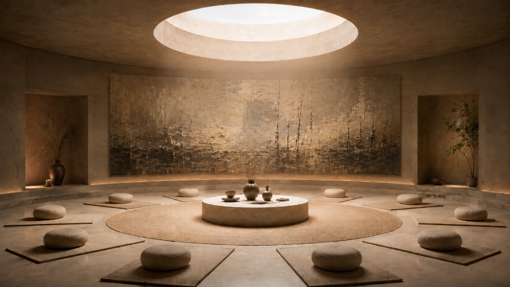 A circular meditation space with an oculus, stone pedestal, and meditation cushions
