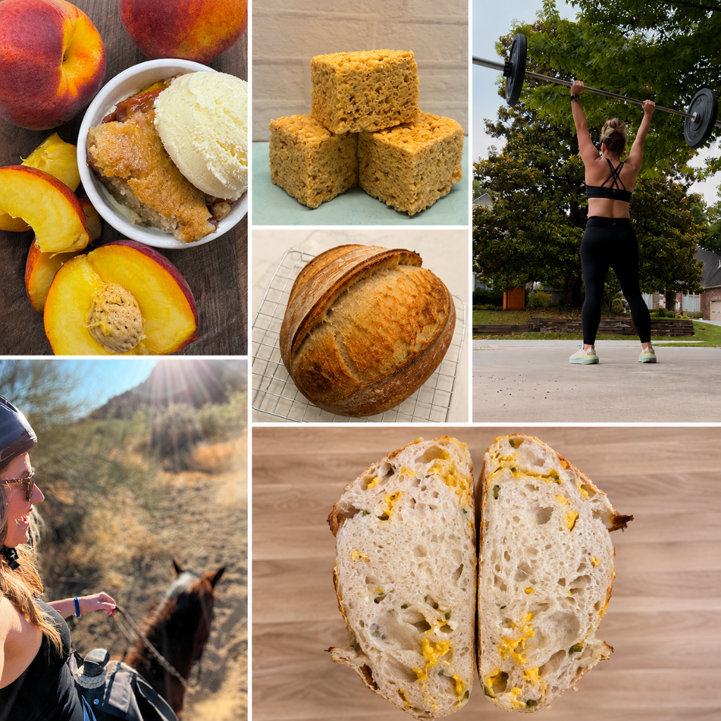 Lifestyle collage showcasing food, fitness, sourdough, and equestrian life