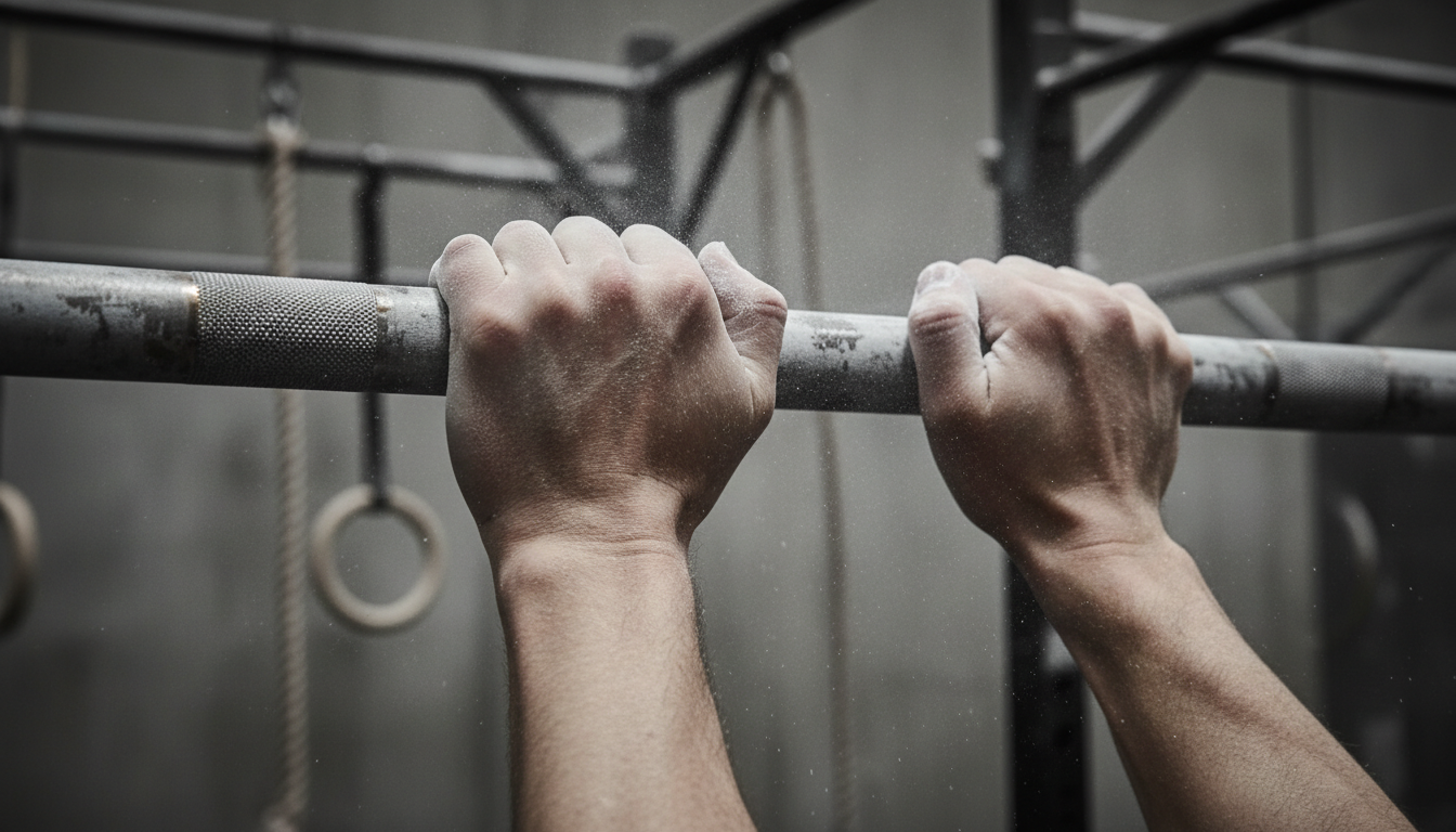 Close-up of chalked hands gripping a bar in the ninja gym
