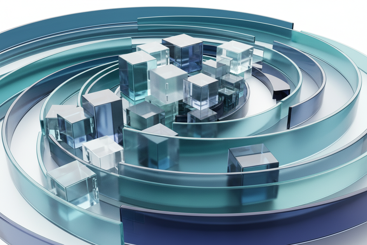 Abstract 3D visualization of layered data encryption shields in teal and silver tones