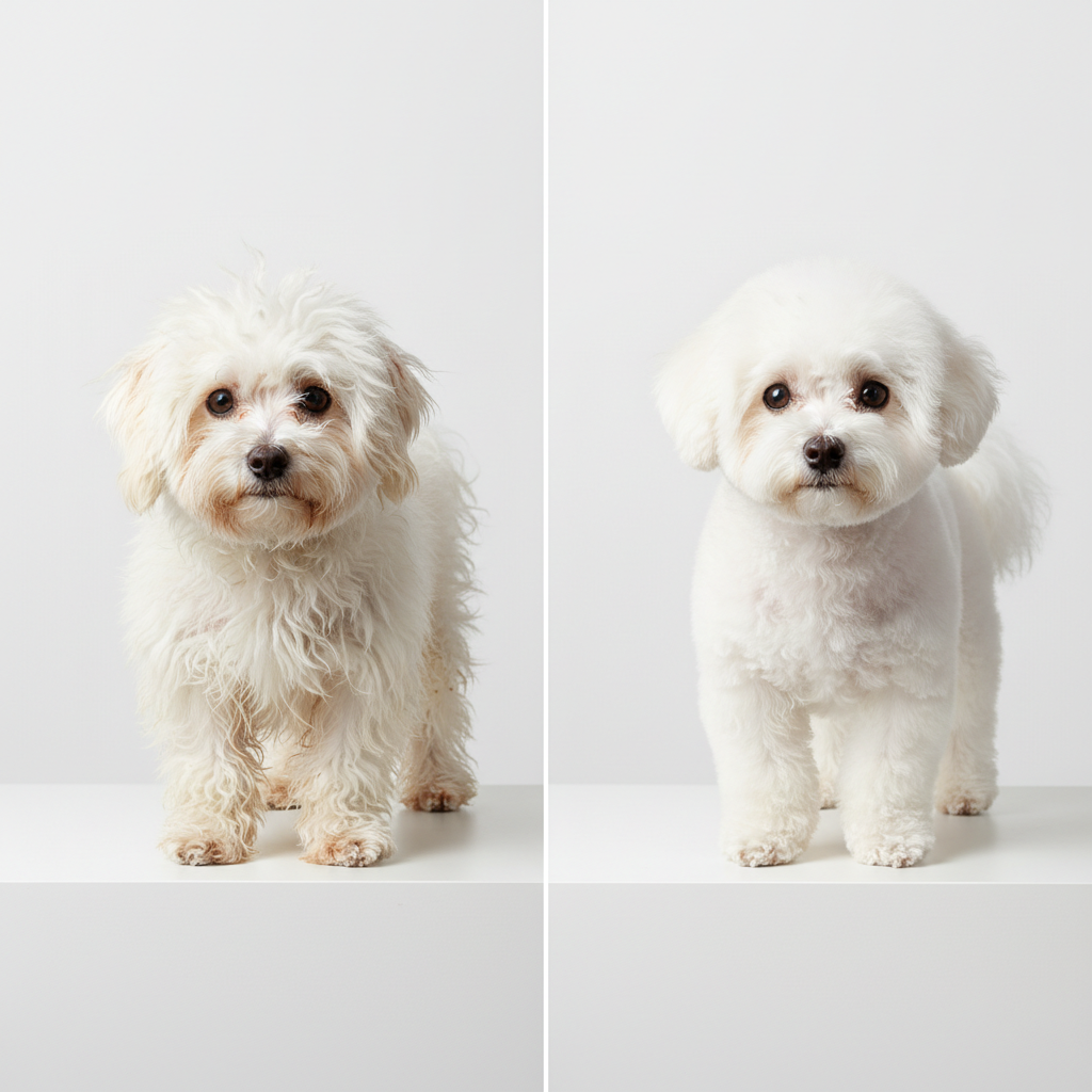 Before and after dog grooming at Puppy Perfect Dungannon