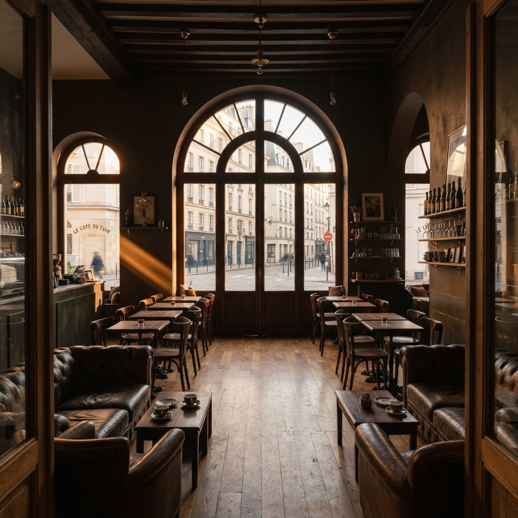 Warmly lit independent coffee shop interior