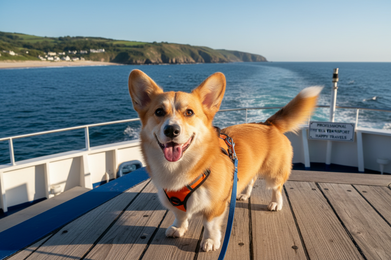 Happy dog during pet sea transport on ferry