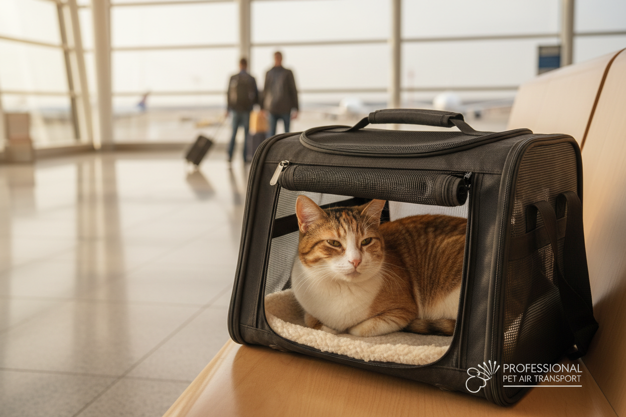 Pet in airline-approved carrier for air transport service