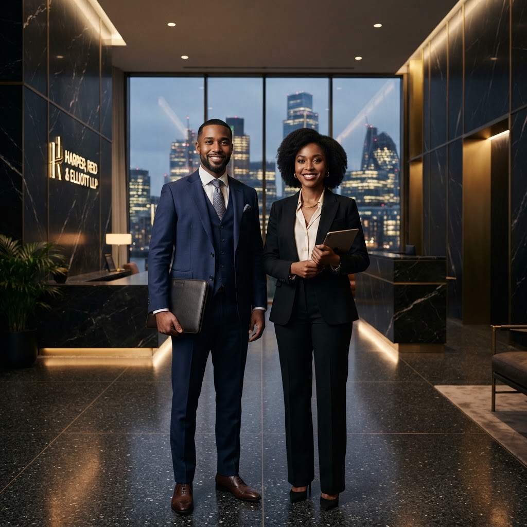 Legal team in a luxury office lobby