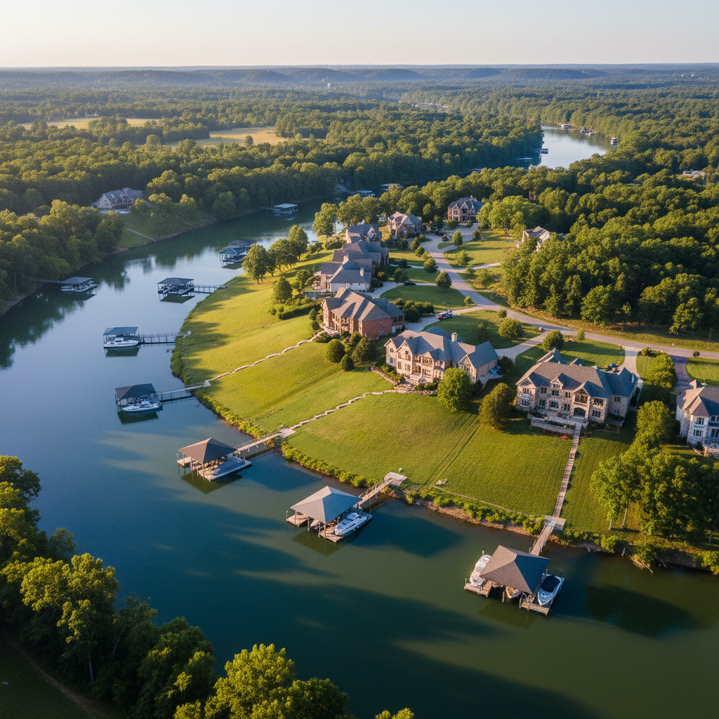 Aerial view of luxury riverfront estates along the Tennessee River near Savannah TN served by Sentinel Estate Care