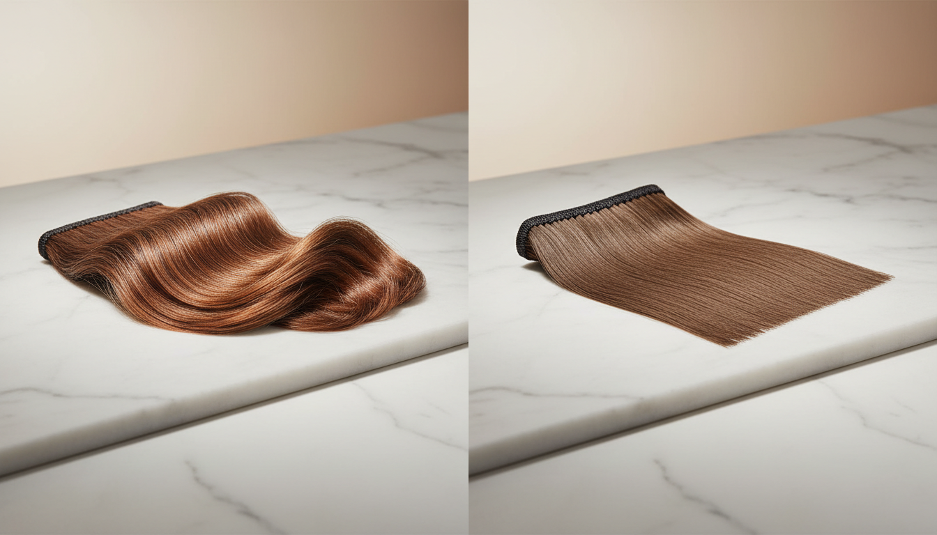 Side by side comparison of natural human hair versus synthetic hair fiber showing texture differences