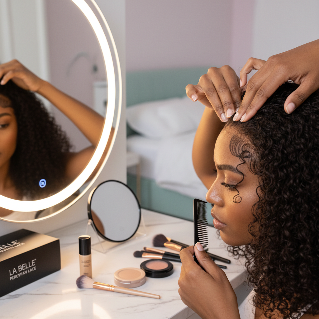 Step-by-step glueless lace front wig application on model with natural hairline finish