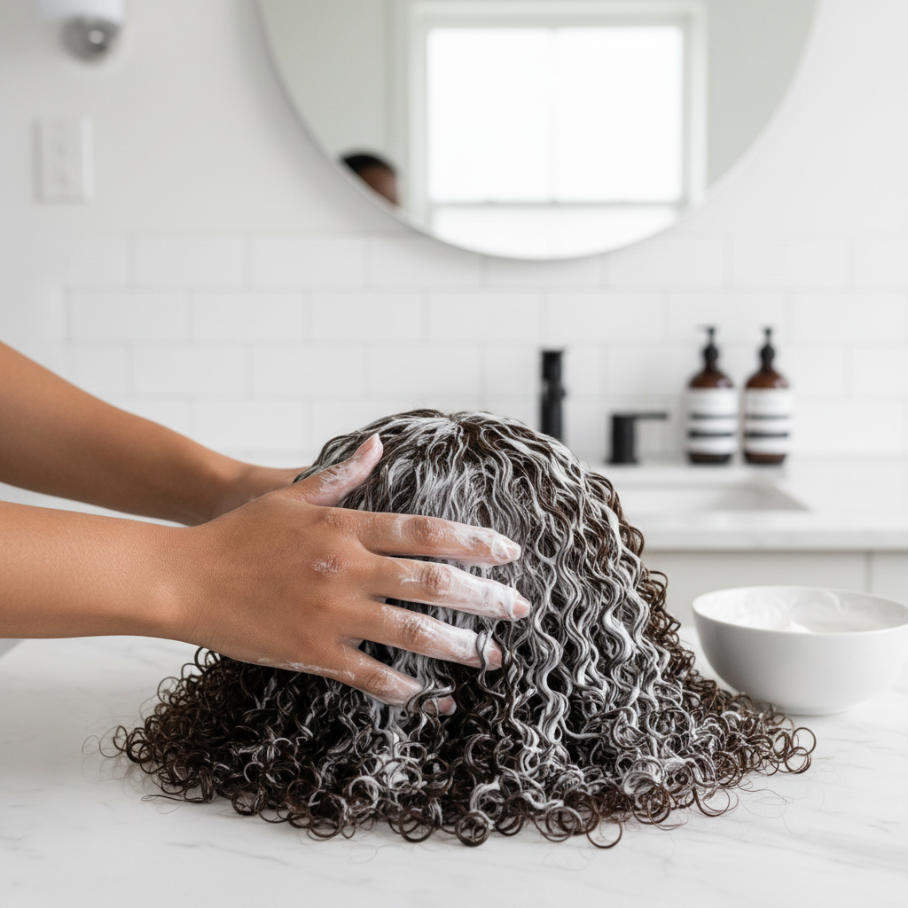 Hands applying deep conditioner to human hair wig laid flat