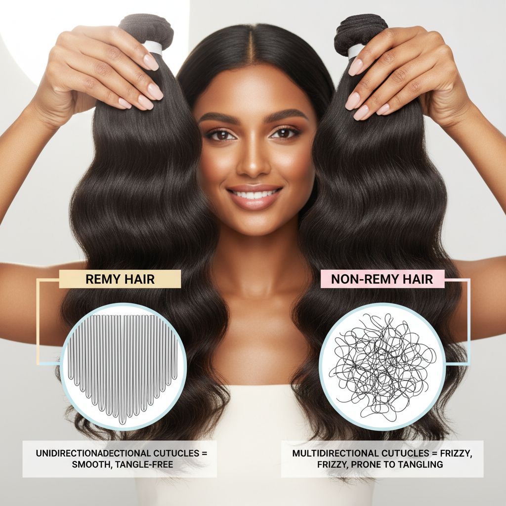 Luxurious Indian Remy hair showing natural cuticle alignment and shine