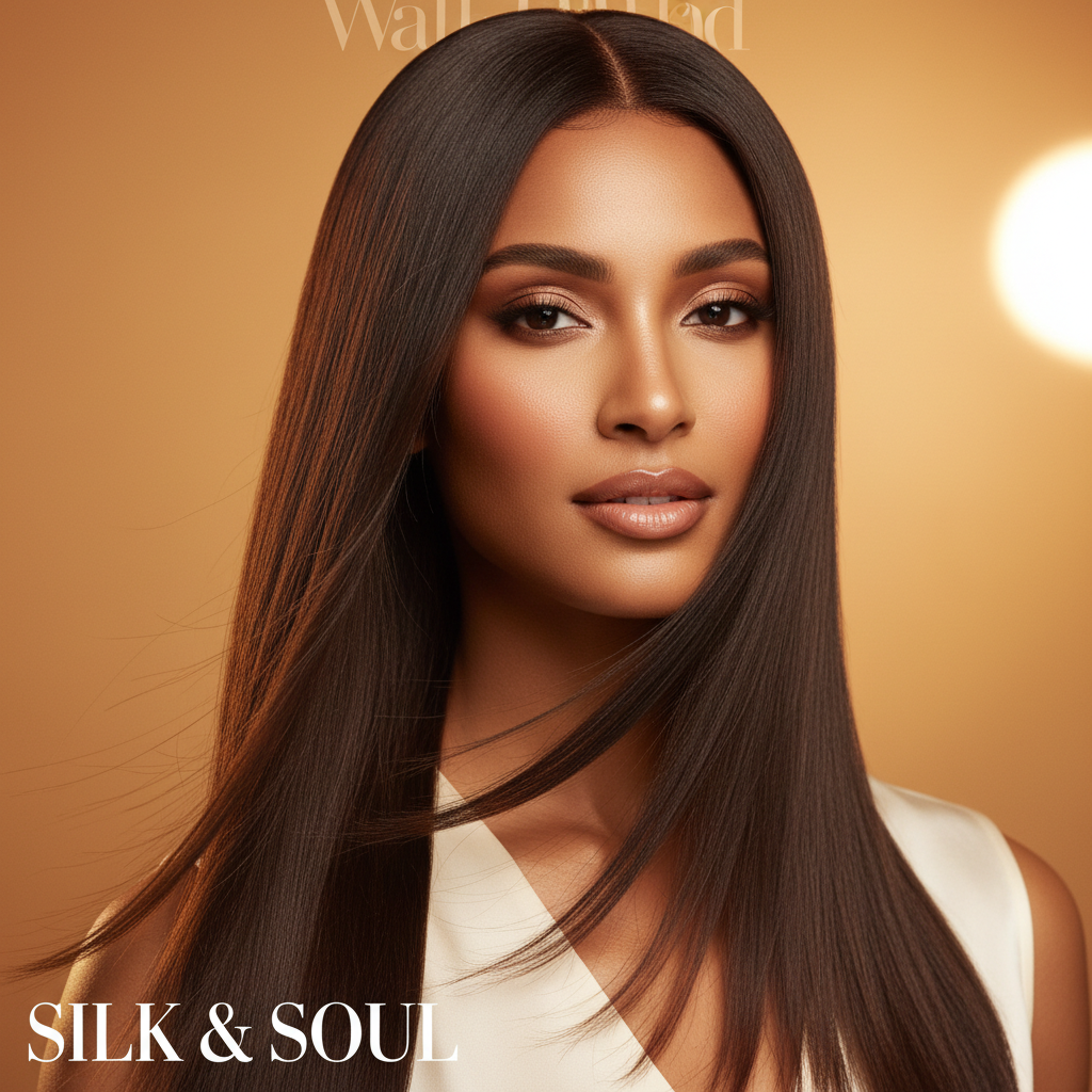 Woman with natural-looking human hair wig styled straight and shiny