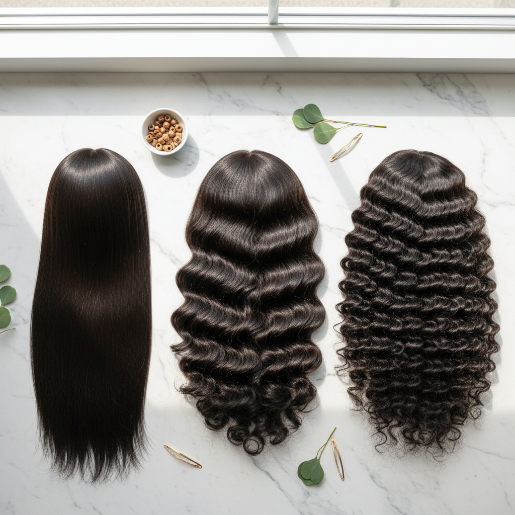 Flat lay of premium Indian human hair wigs in different textures