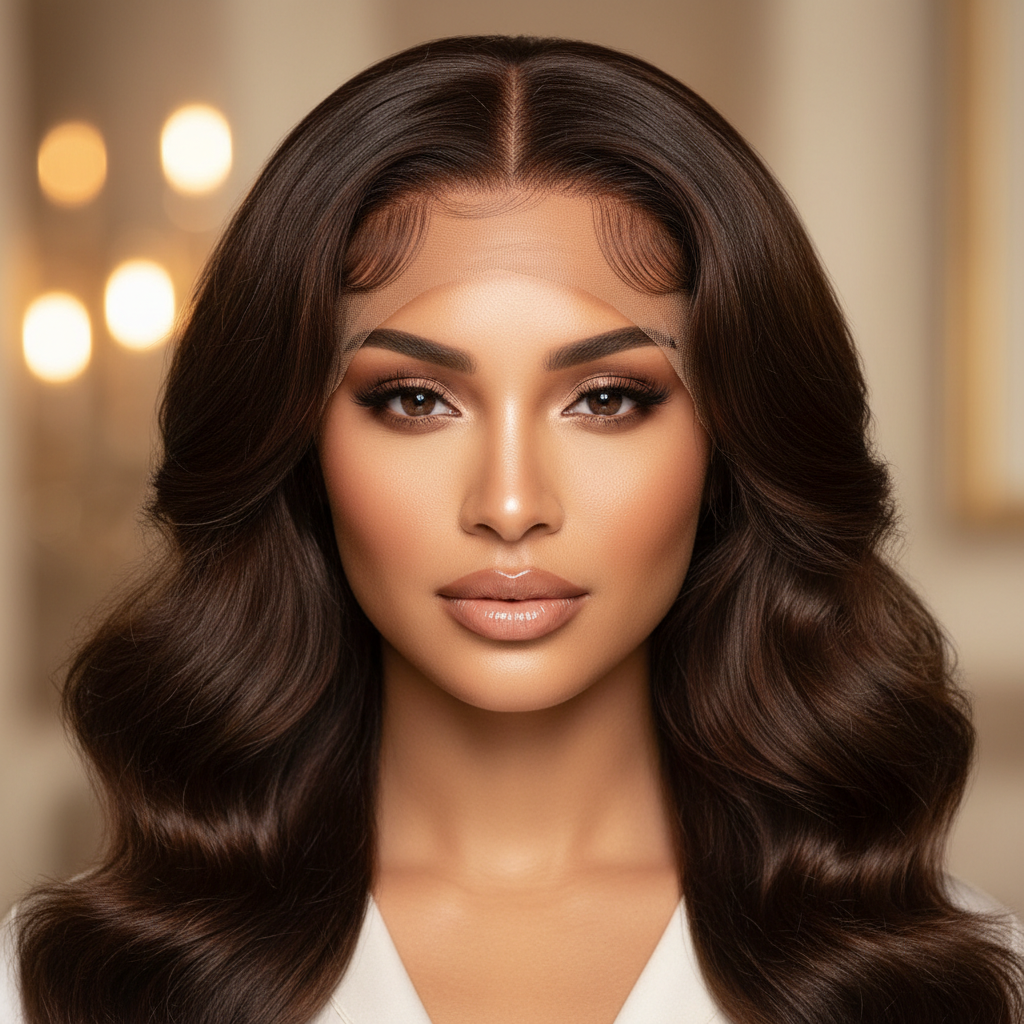 Beautiful woman wearing natural body wave human hair lace front wig