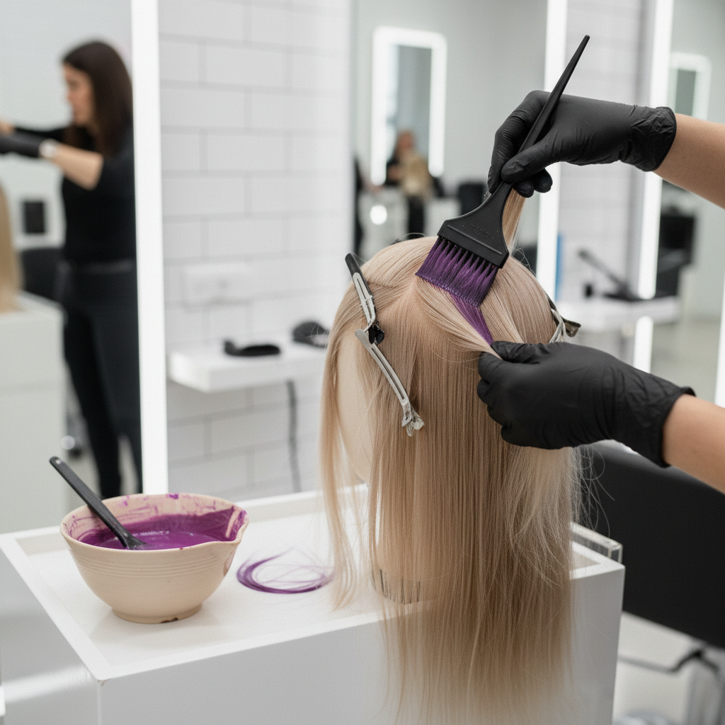 Stylist applying hair dye to human hair wig with professional brush in salon