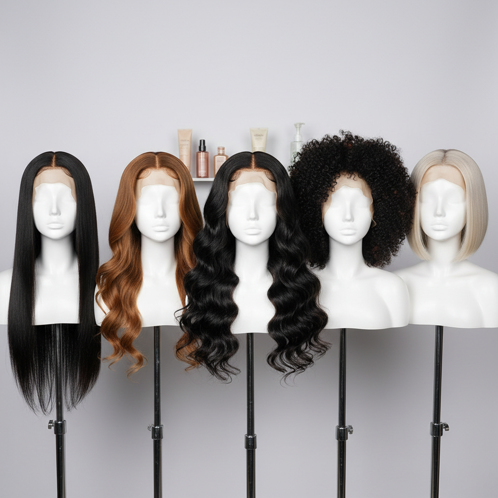 Collection of the top 5 lace front human hair wigs styled on mannequins