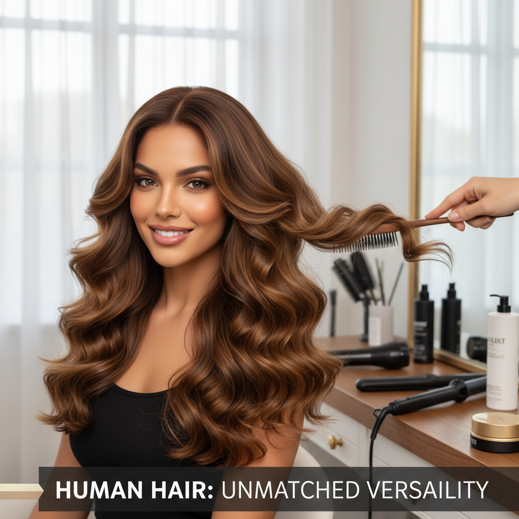 Beautiful woman demonstrating heat styling versatility of human hair wig