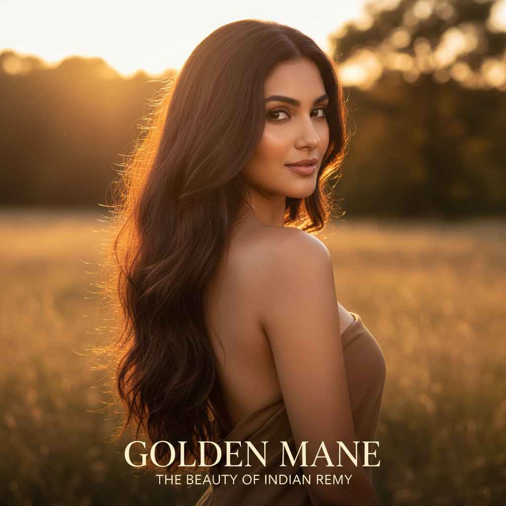 Woman with long flowing Indian Remy hair in golden hour outdoor lighting