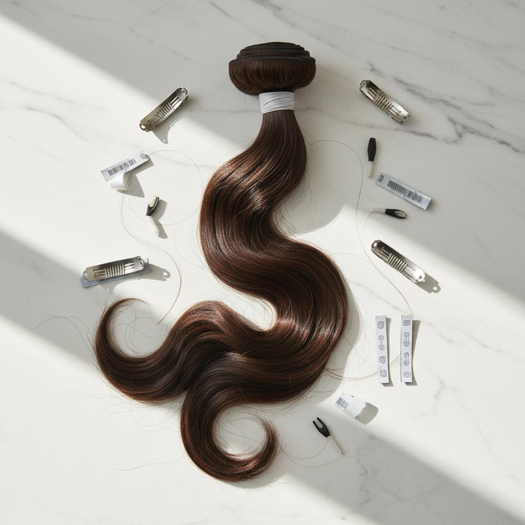 Flat lay of hair extension accessories and Indian Remy hair bundles