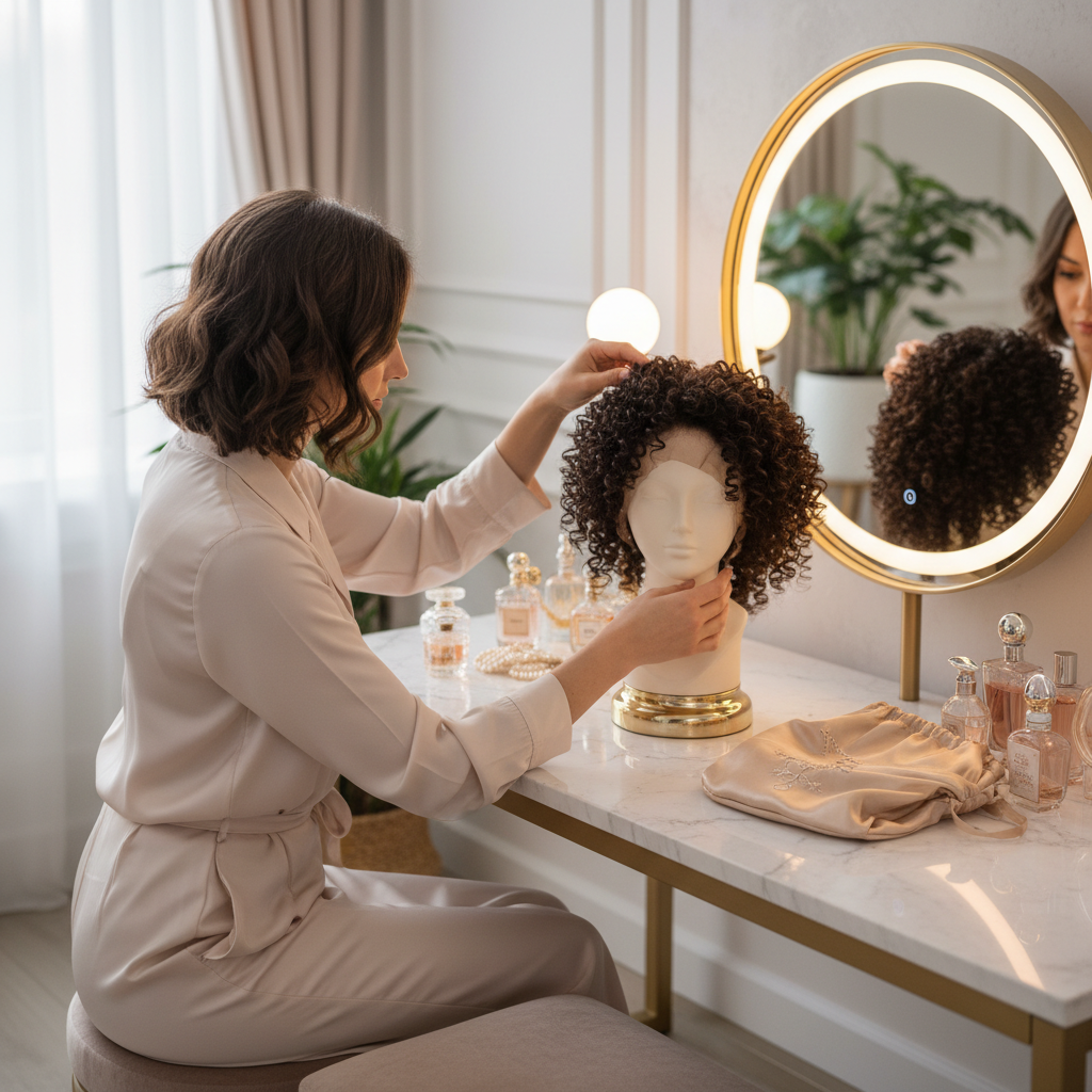 Woman carefully storing her human hair wig on a stand with care products nearby