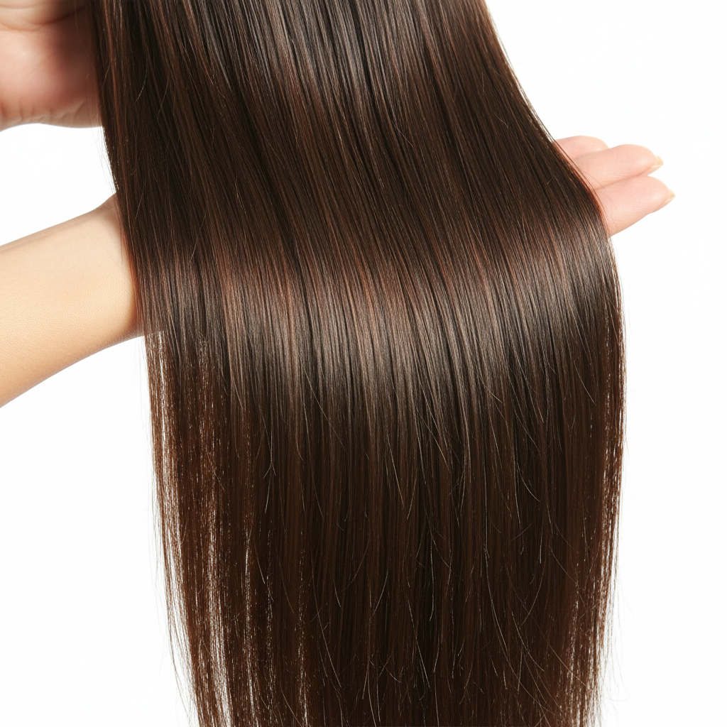 Hands running through silky Indian Remy hair bundle catching studio light