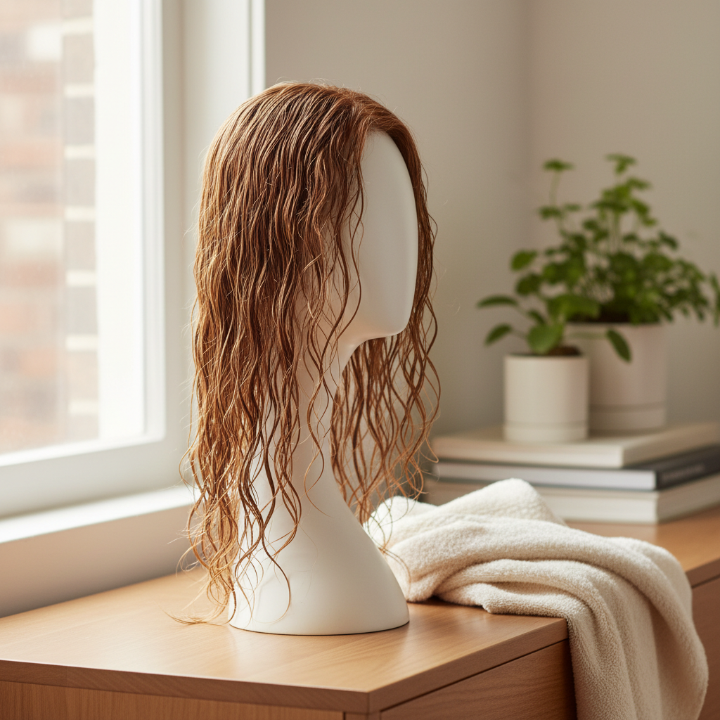 Human hair wig air-drying on wig stand in natural window light