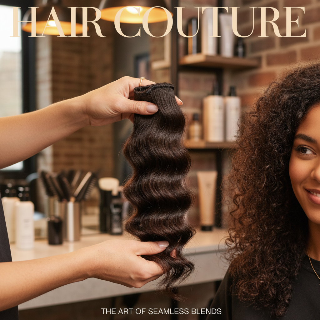 Stylist demonstrating hair extension texture matching on a woman in salon