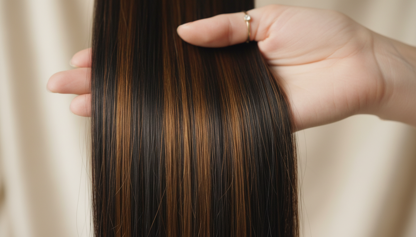 Close-up of hand running through seamless Indian Remy hair extensions showing perfect cuticle alignment