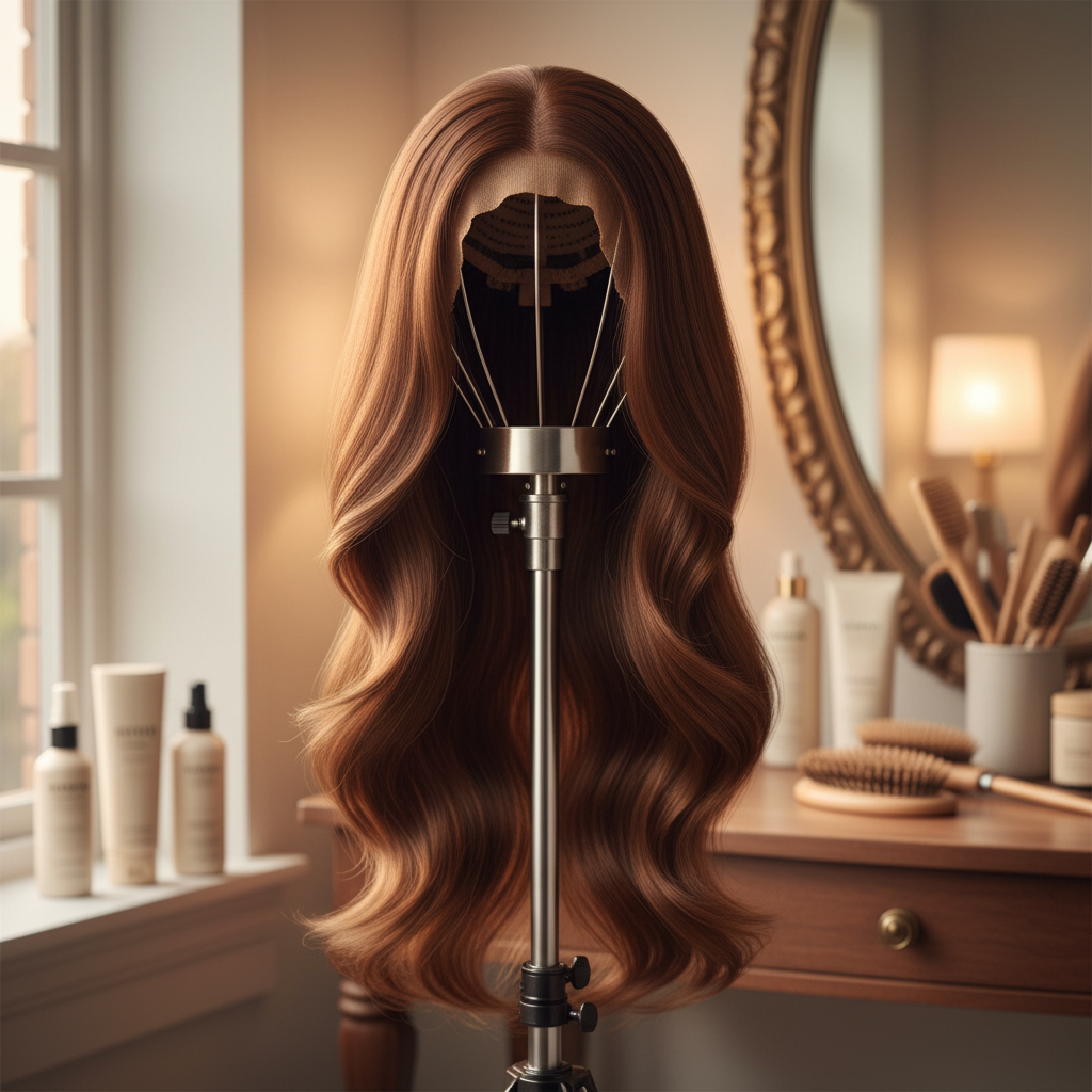 Human hair wig on professional wig stand showing healthy natural appearance