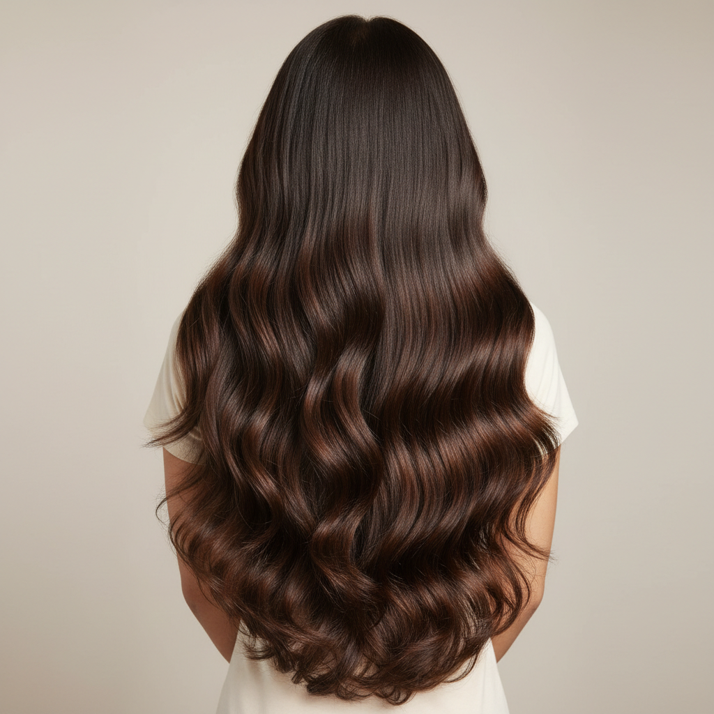 Woman with long Indian Remy clip-in extensions showing seamless blend