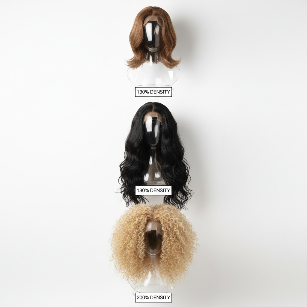 Three human hair wigs side by side showing 130%, 150%, and 180% density