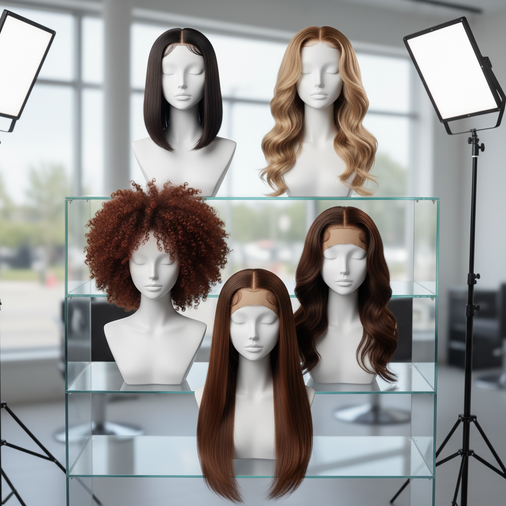 Five beginner-friendly human hair wigs on mannequin heads in a salon display