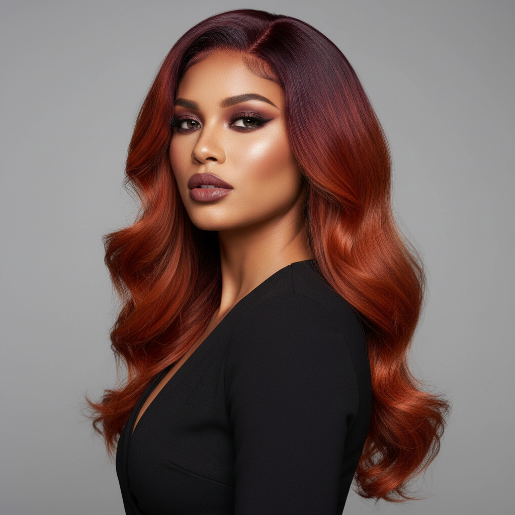 Woman with vibrant burgundy to auburn ombre fashion-colored human hair wig