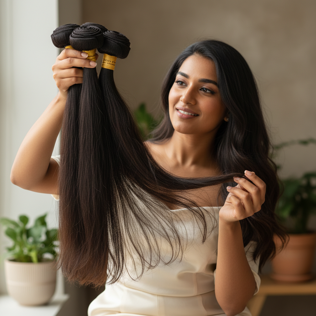 South Asian woman with luxurious virgin Indian Remy hair bundles from temple donations