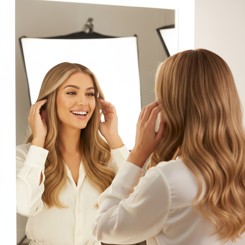 Young woman trying on her first human hair lace front wig, natural look