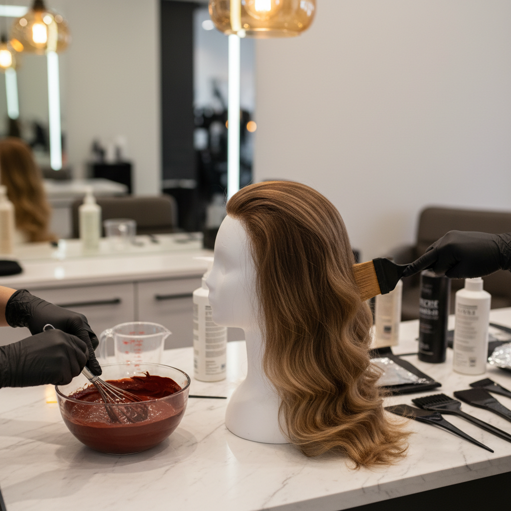 Professional colorist mixing hair dye beside human hair wig on wig stand