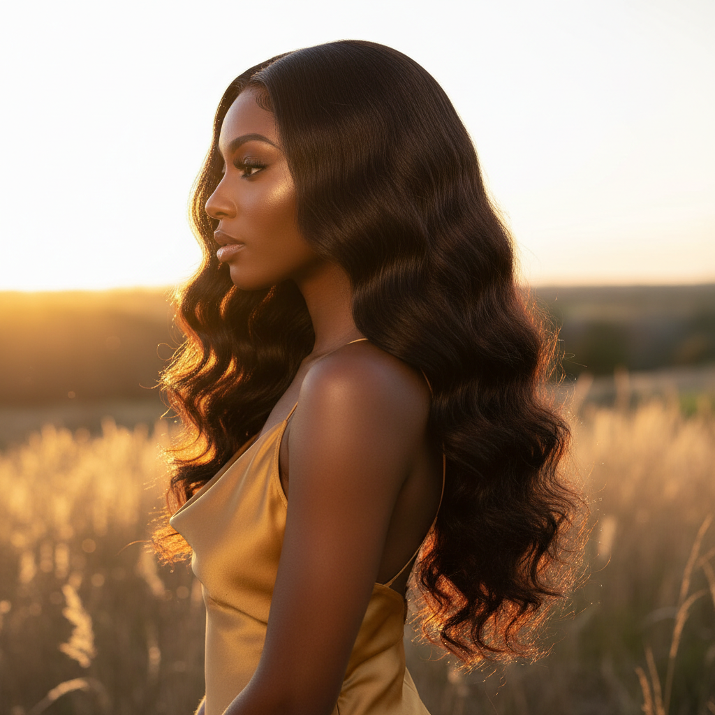 Woman wearing Indian Remy body wave wig showing natural volume and movement