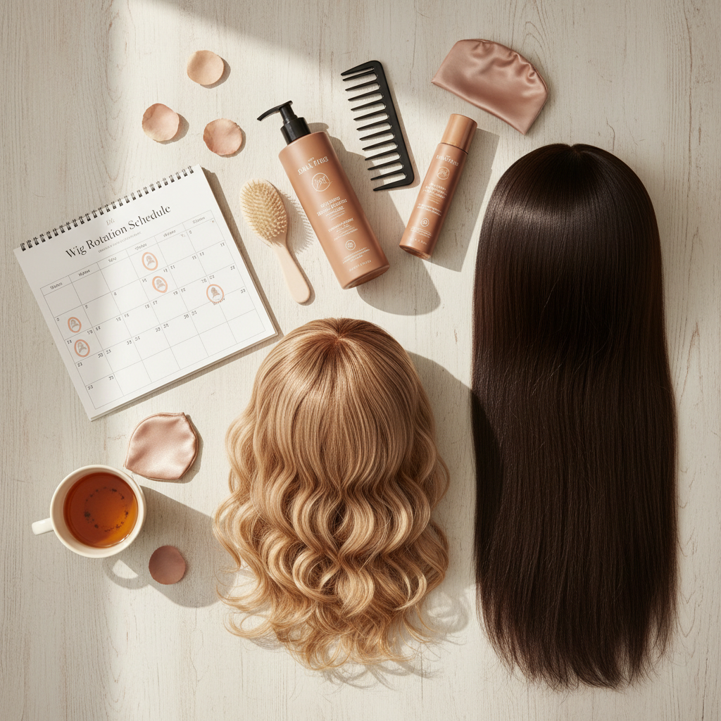 Heat protectant spray being applied to human hair wig before flat iron styling